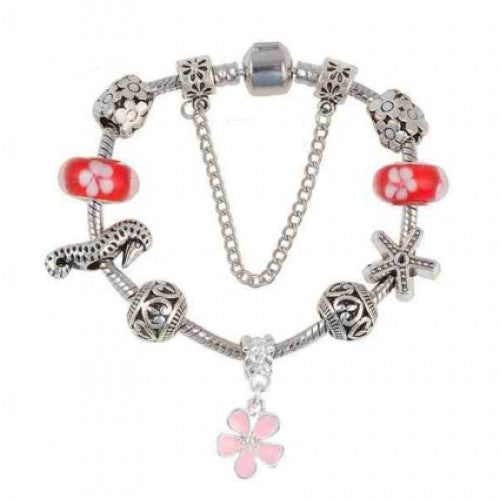 Pink Flower Pendant Charm Bracelet With Star Shape and Sea Horse Beads Bracelet